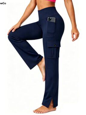 Straight Leg Cargo Yoga Pants Multi Pocket Slit Casual Trouser